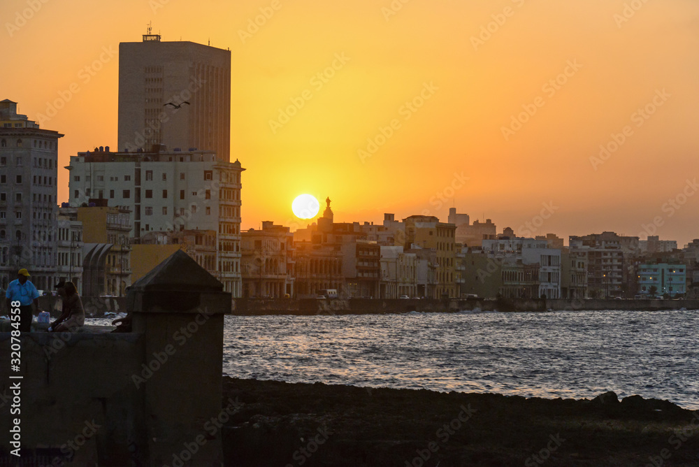 Cityscape at sunset from the Malecon promenade in Havana, Cuba