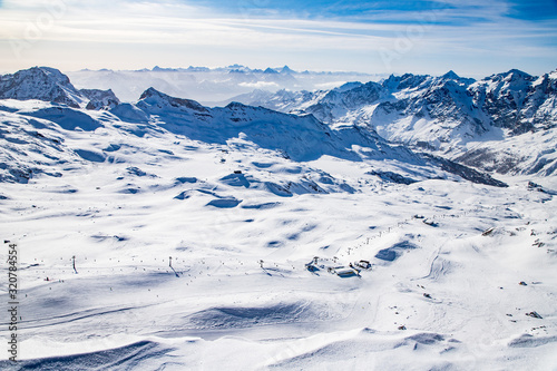 aerial view of ski slopes in the Swiss Alps