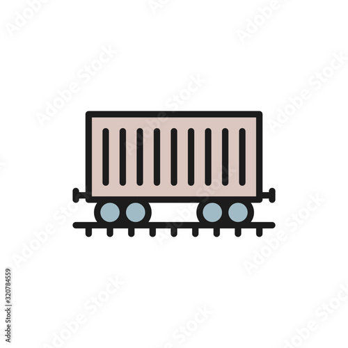 Freight car on rails, cargo wagon, train flat color line icon.