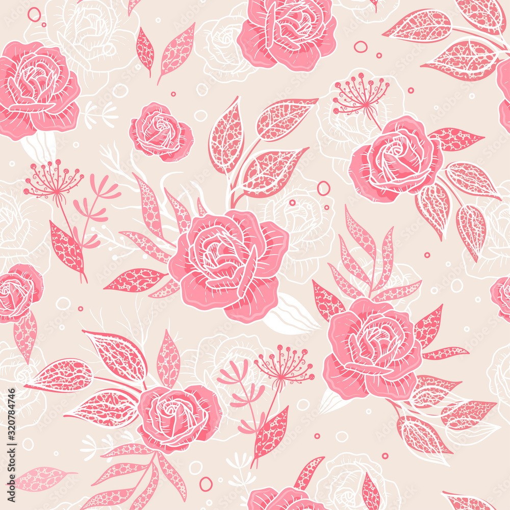Cute hand drawn floral seamless pattern, roses and leaves - great for textiles, banners, wrapping, wallpaper - vector design