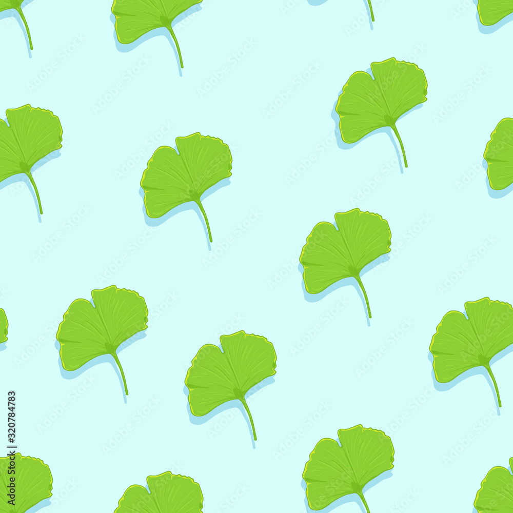 Vector Seamless Pattern of Cartoon Green Ginkgo Leaves