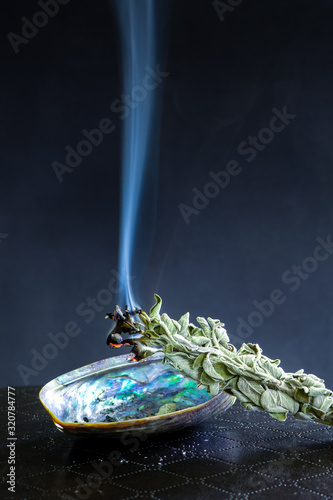 Fotografie White sage smudge stick on dark background
