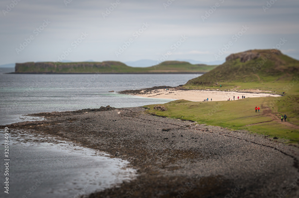 Tilt shift effect of white and black beaches with turquoise sea, Coral Beach, Isle of Skye, Scotland. Concept: famous natural landscape, Scottish landscape, tranquility and serenity, seascape