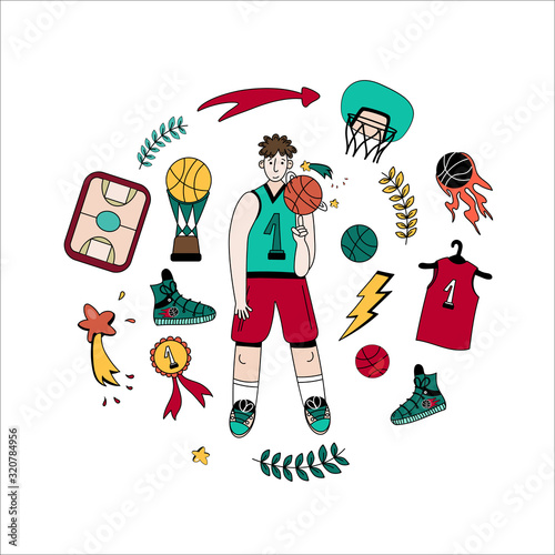 Set of Basketball player with basketball court, ball, basket, trophy. Concept of street ball with athlete man twists the ball on his finger.