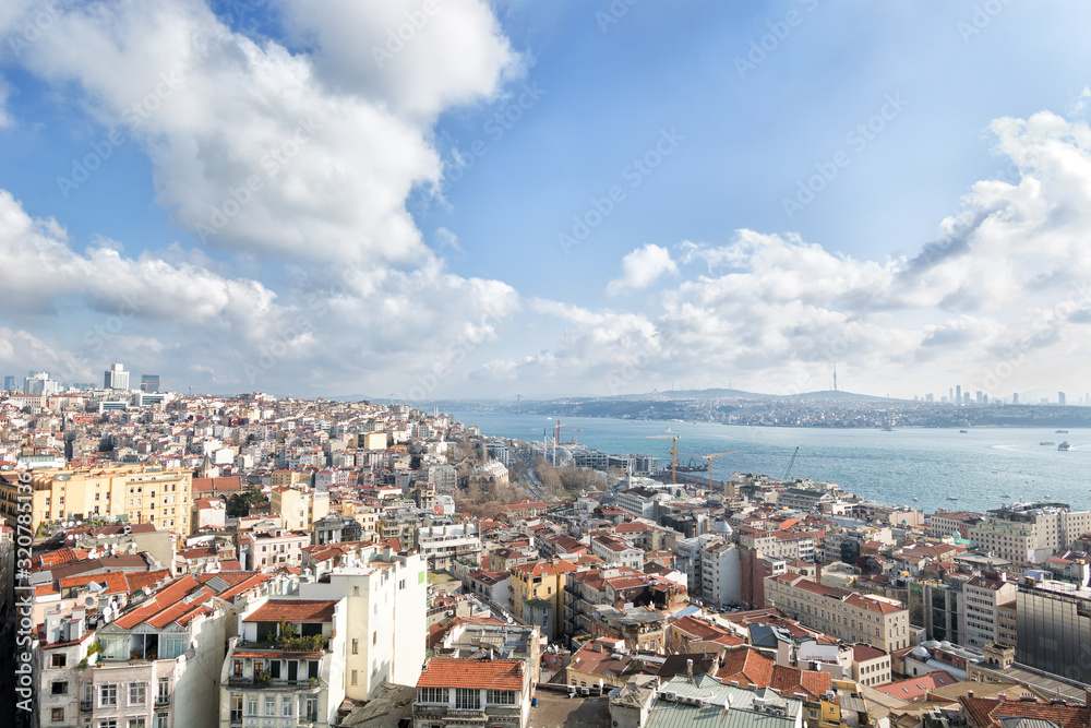 Panoramic view over the city and Bosporus from Galata tower in Istanbul, Turkey