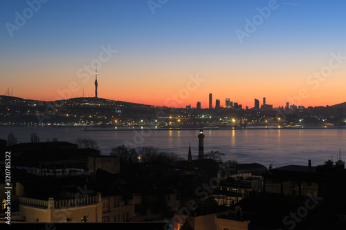 Istanbul, Turkey - Jan 11, 2020: The Bosphorus Straits of Istanbul, Camlıca Hill and the business district of Uskudar is in the Background.