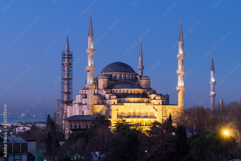 Istanbul, Turkey - Jan 11, 2020: Night top view over Sultan Ahmed Mosque or Blue Mosque, Sultanahmet, Istanbul, Turkey