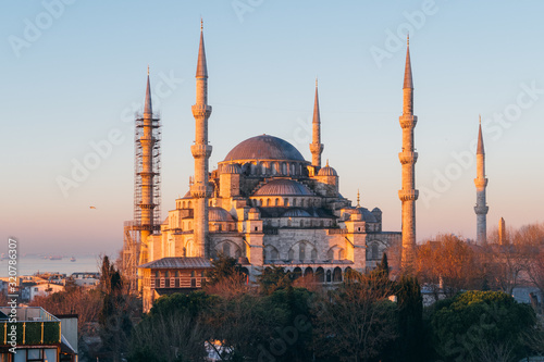 Istanbul, Turkey - Jan 11, 2020: top view over Sultan Ahmed Mosque or Blue Mosque, Sultanahmet, Istanbul, Turkey
