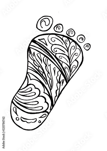 Human foot print. Doodle and zentangle style. Child baby foot Isolated on white background. line art illustration for coloring book page. Hand drawn outline icon.