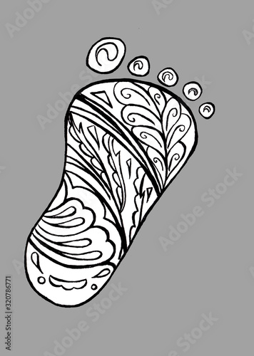 Human foot print. Doodle and zentangle style. Child baby foot Isolated on gray background. line art illustration for coloring book page. Hand drawn outline icon.