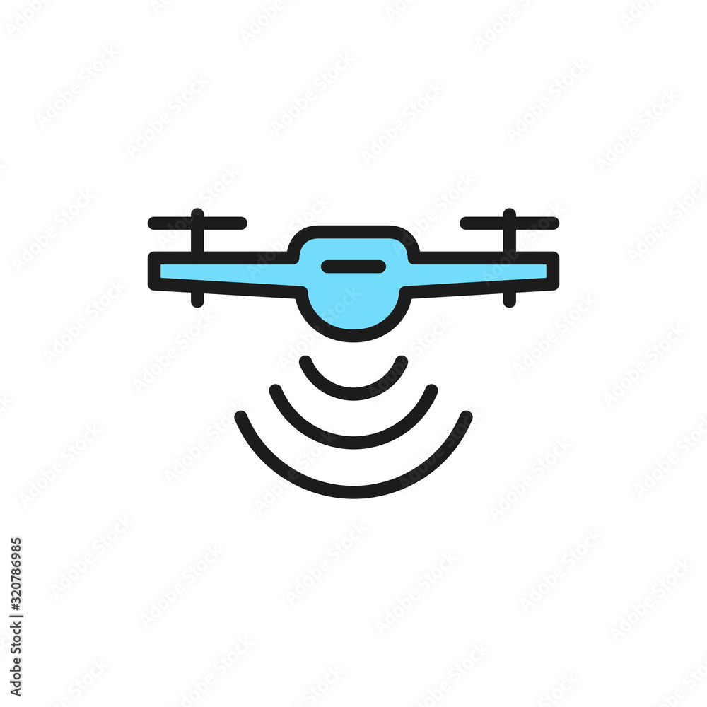 Naklejka premium Drone with radio waves, radar detection system flat color line icon.