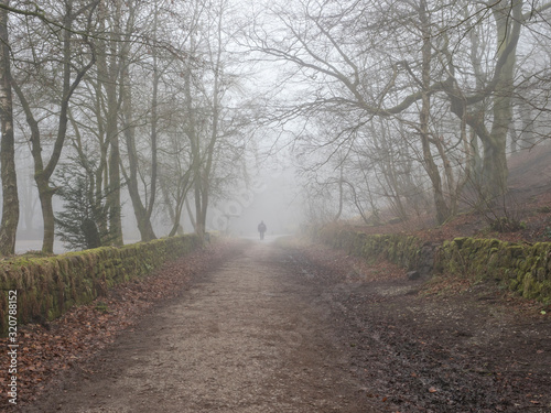Walking in the fog at Cromford, Derbyshire