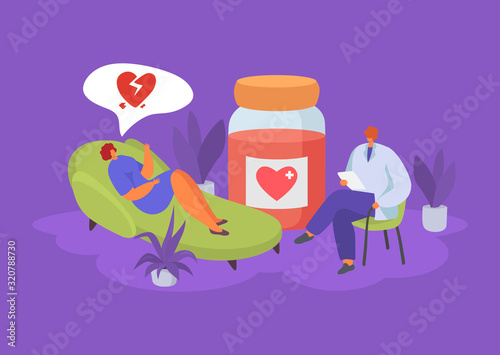 Psychologist works with broken heart patient vector illustration concept. Woman unhappy in love lies on sofa in psychotherapist doctor office for treatment session. Jar with medicine.