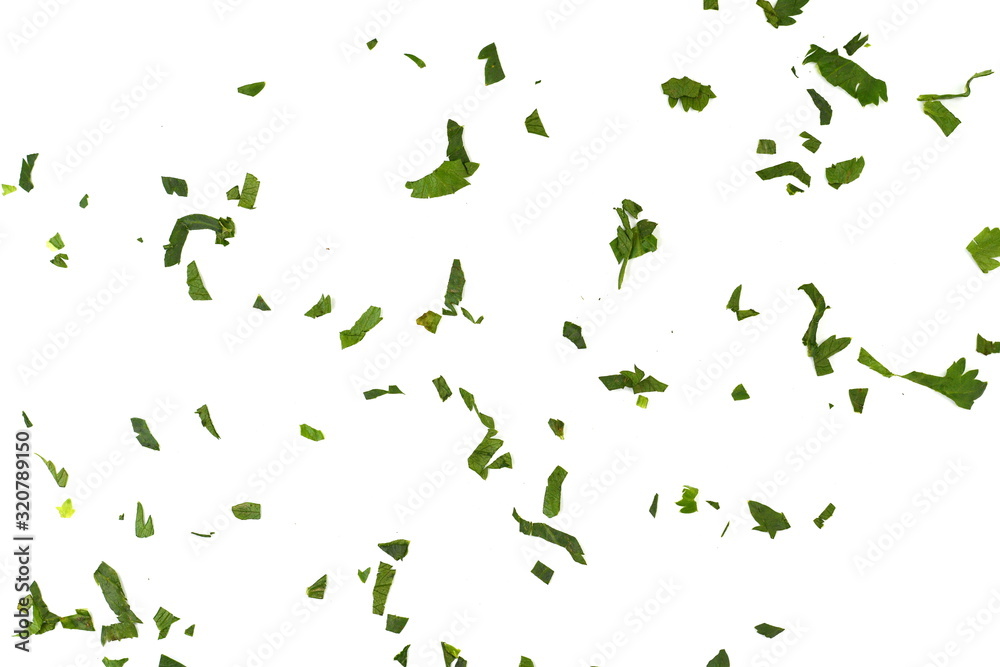 Fresh green chopped parsley leaves isolated on white background and texture, top view. Chopped parsley on a white background isolated. Chopped Parsley Leaves. Fresh Herbs 