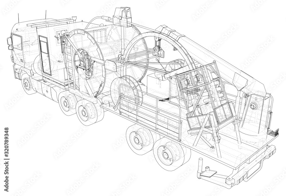 Wire-frame line truck isolated on white. Vector rendering of 3d.