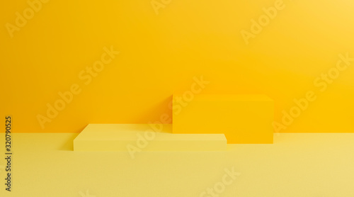 3d yellow podium. Abstract pastel on wall background with geometric shape. Bright yellow cubes for promotion. 3d render design for display product and presentation on website. Creative idea minimal.