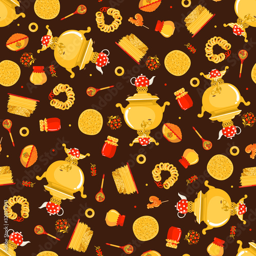 Maslenitsa or Shrovetide vector seamless pattern in flat style on brown background.