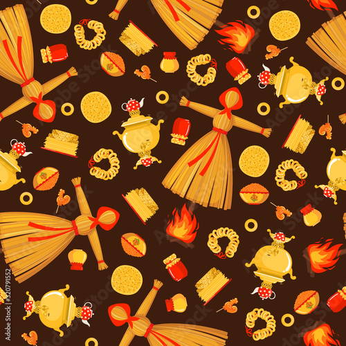 Maslenitsa or Shrovetide vector seamless pattern in flat style on brown background.