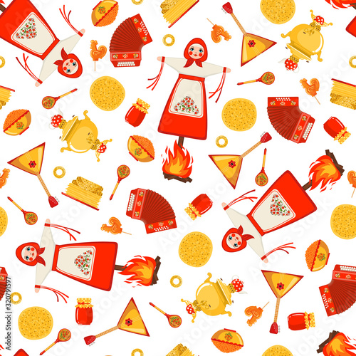 Maslenitsa or Shrovetide vector seamless pattern in flat style isolated on white background.