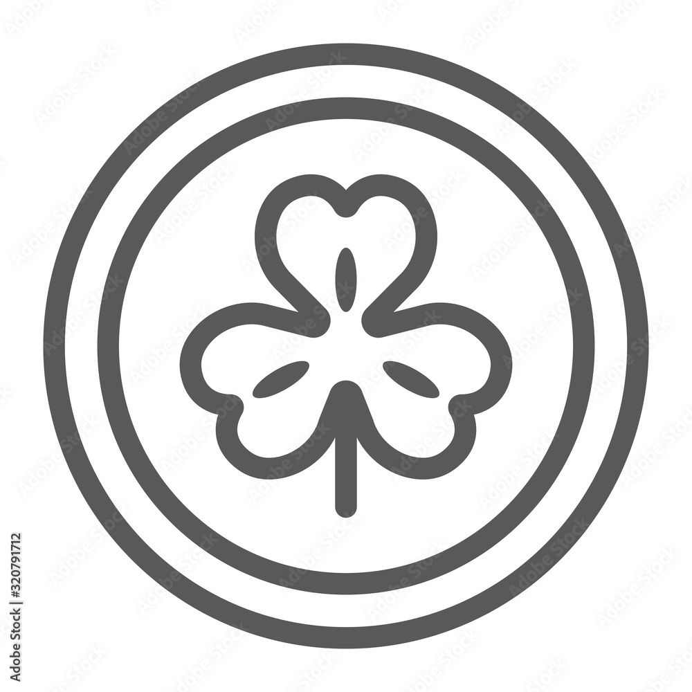 Coin with clover line icon, st patrick's day and holiday, clover coin sign, vector graphics, a linear pattern on a white background, eps 10.