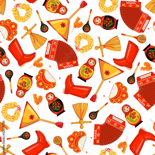 Maslenitsa or Shrovetide vector seamless pattern in flat style isolated on white background.