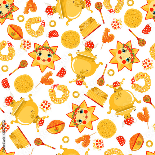 Maslenitsa or Shrovetide vector seamless pattern in flat style isolated on white background.
