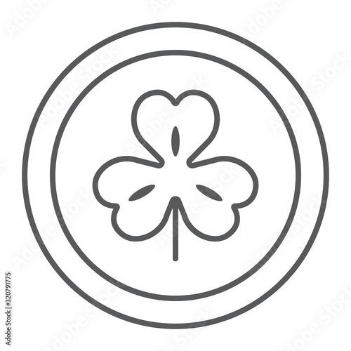 Coin with clover thin line icon, st patrick's day and holiday, clover coin sign, vector graphics, a linear pattern on a white background, eps 10.