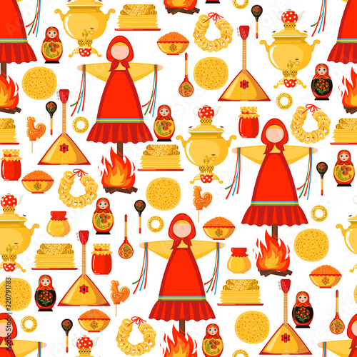 Maslenitsa or Shrovetide vector seamless pattern in flat style isolated on white background.