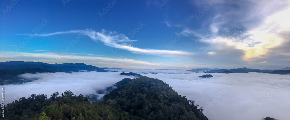 Panorama fantastic landscape scenic sunrise on cloudy sky in the morning so impressive image fornature style background or noise and soft focus or blur.