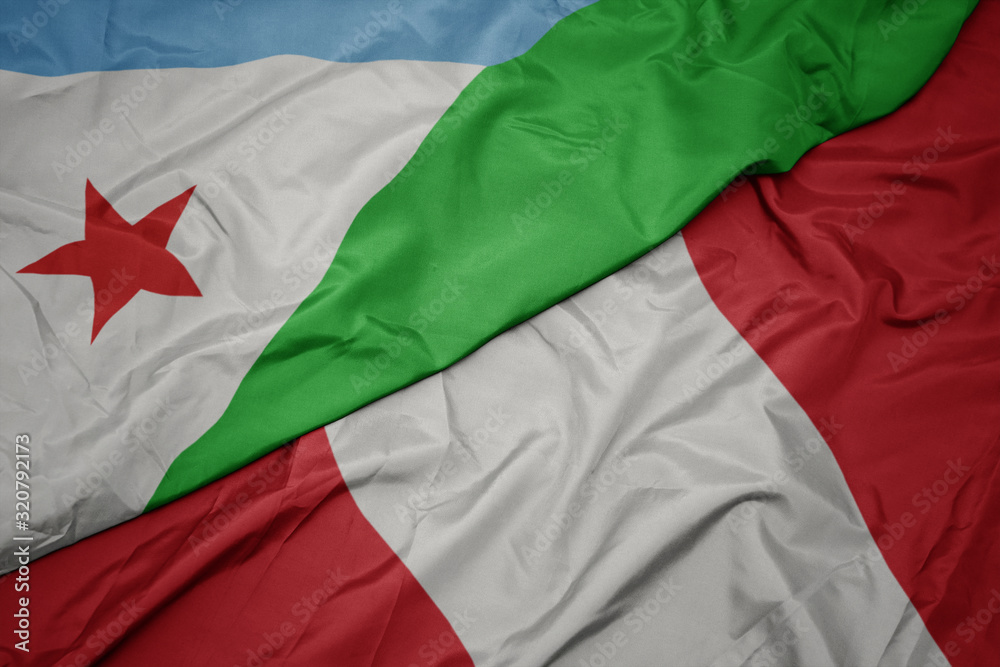 Fototapeta premium waving colorful flag of peru and national flag of djibouti.