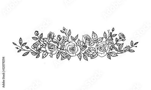 Rose wreath composition, hand drawn vector floral illustration