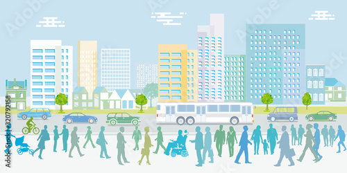 Großstadt mit Fußgänger, Bus und Autos