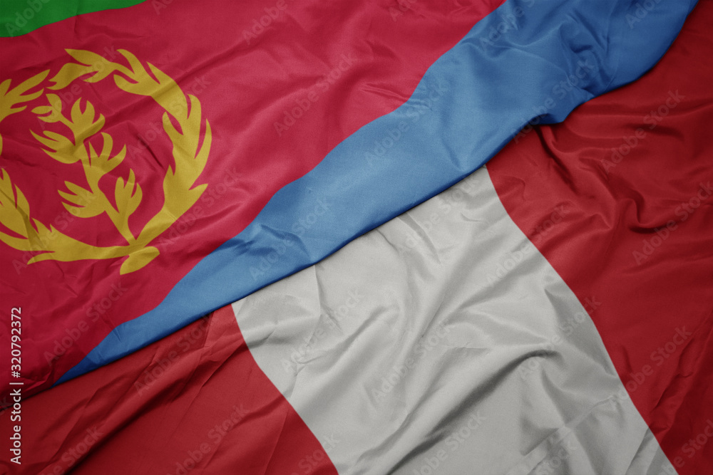 waving colorful flag of peru and national flag of eritrea. waving colorful flag of peru and national flag of eritrea.