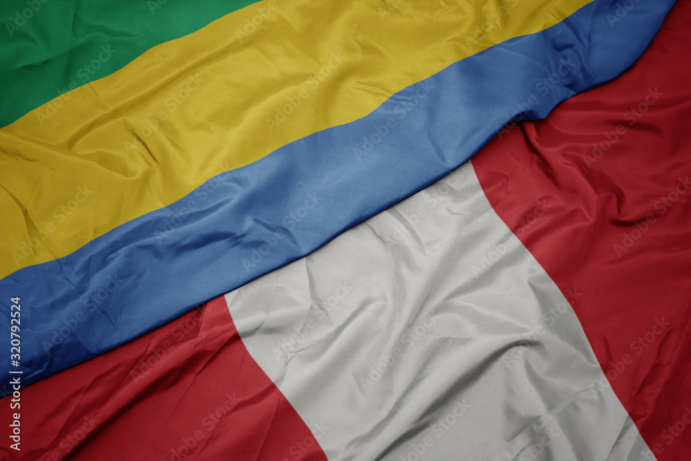 waving colorful flag of peru and national flag of gabon. waving colorful flag of peru and national flag of gabon.