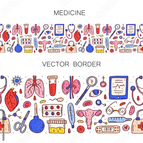 Medicine equipment, human organs, pills and blood elements cartoon doodle hand drawn vector seamless border, pattern, texture, background. Colorful cute design. Isolated on white background. 