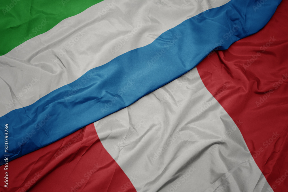 waving colorful flag of peru and national flag of sierra leone. waving colorful flag of peru and national flag of sierra leone.