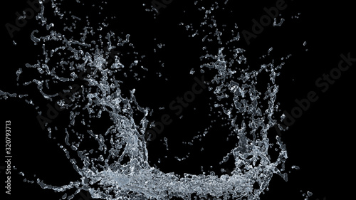 Water splash slow motion on black background. 3D illustration design.