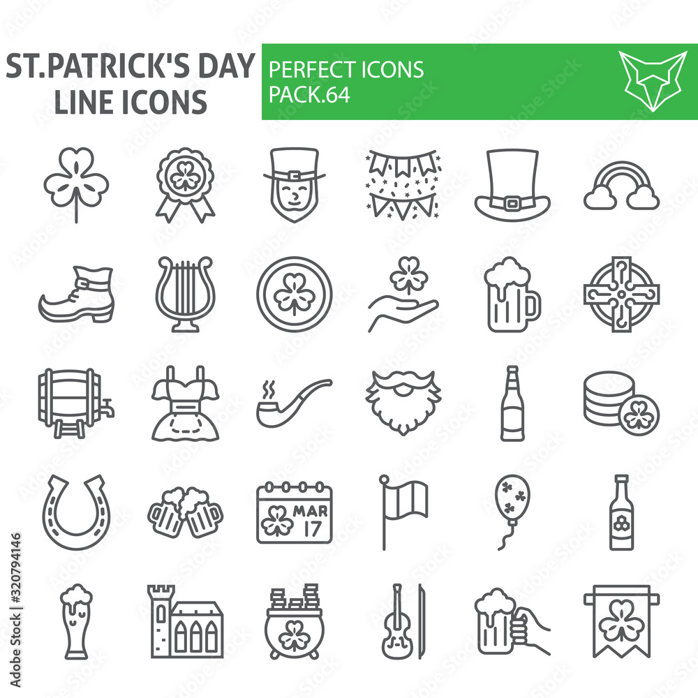 St. Patrick's Day line icon set, holiday symbols collection, vector sketches, logo illustrations, saint patrick icons, business signs linear pictograms package isolated on white background, eps 10.