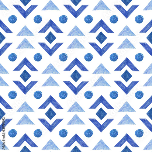 Blue geometric pattern with watercolor texture - Seamless background