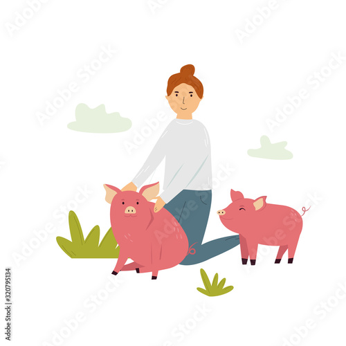 Scene with a farmer girl taking care of piglets.