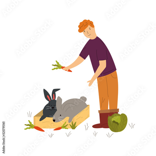 Scene with a farmer feeding cute rabbits