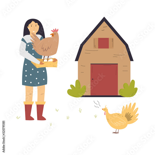 Scene with a farmer girl taking care of hens.
