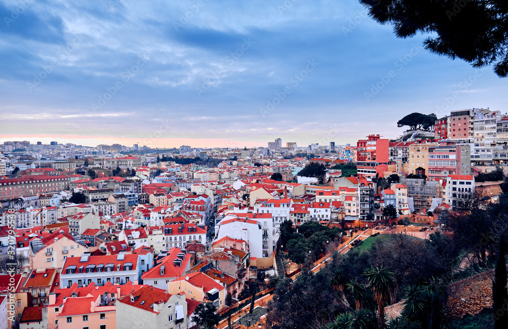 Panoramic view of the city during sunset. Lisbon, Portugal.