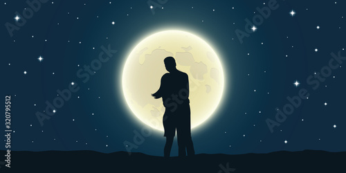 romantic night loving couple is looking at the full moon vector illustration EPS10