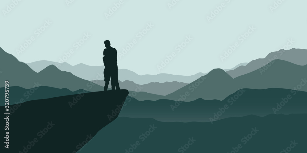 young couple on a cliff enjoy the mountain view vector illustration EPS10