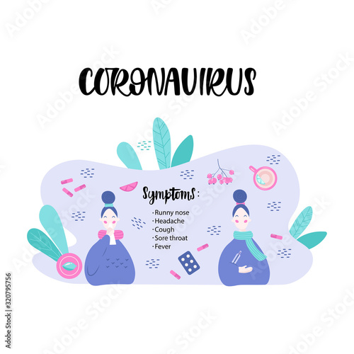 Handwritten CORONAVIRUS SYMPTOMS , two young women on the background treatment of various means and medicines, symptoms. Vector illustration in flat cartoon style.