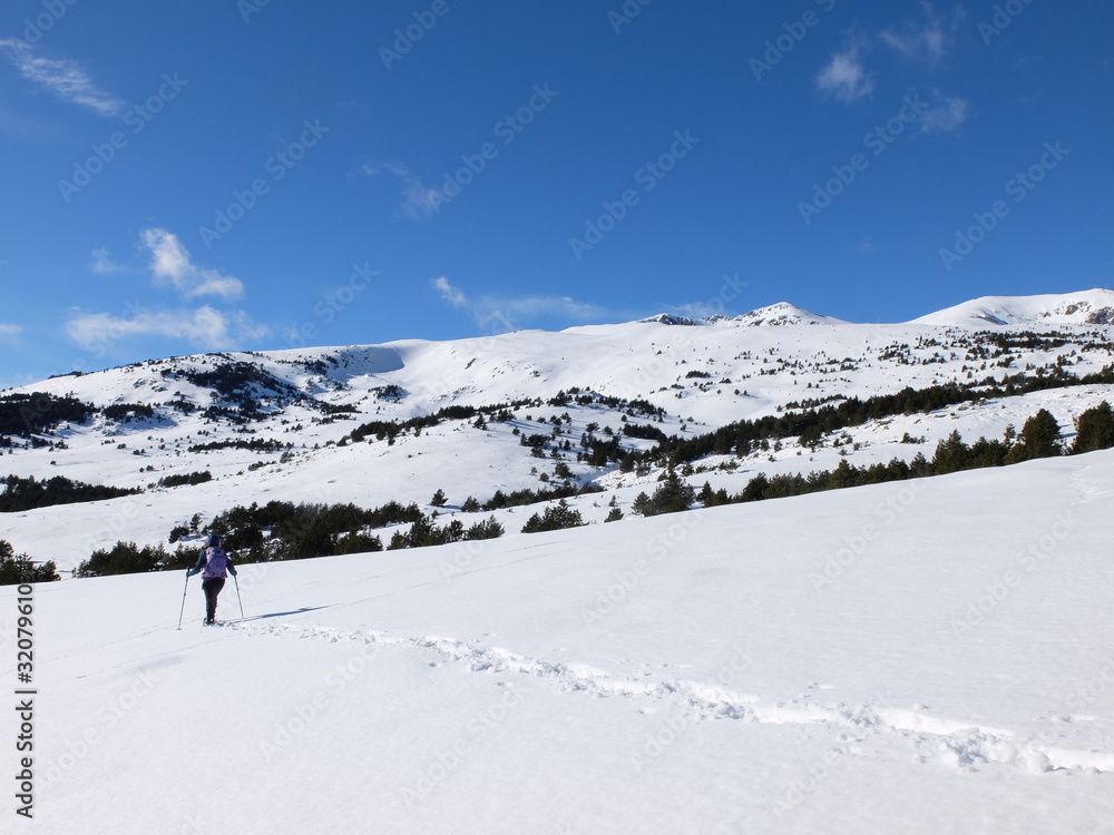 Fototapeta premium Jeune femme randonneuse en raquette dans la neige en montagne sous le soleil des Pyrénées Orientales de Cerdagne
