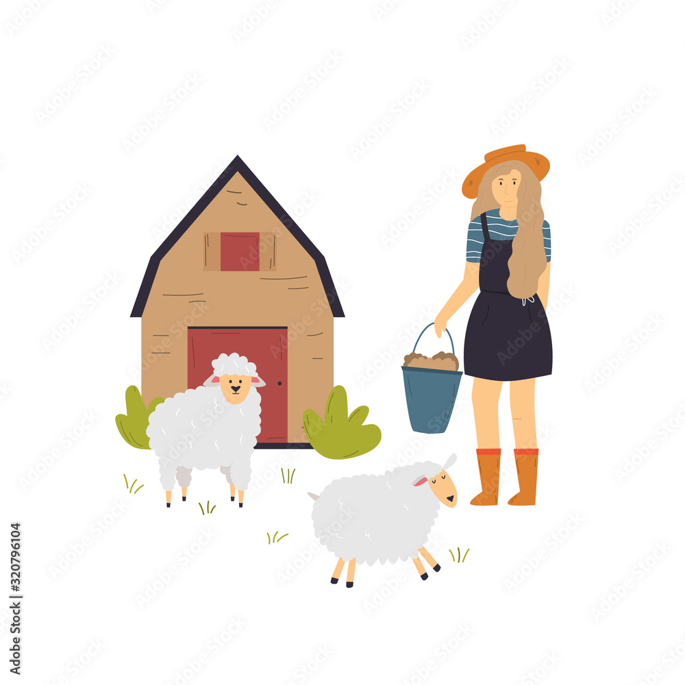 Naklejka premium Scene with a farmer girl taking care of sheep.