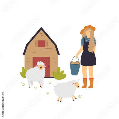 Scene with a farmer girl taking care of sheep.