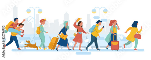 People at the train station. Vector illustration